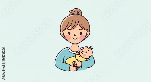 Mother holding newborn baby close smiling loving embrace tender moment family bonding infant care parenthood warmth affectionate nurturing soft colors minimalistic illustration