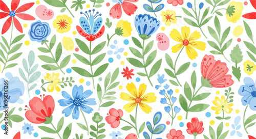 Whimsical garden print featuring scattered flowers and lush greenery in seamless form