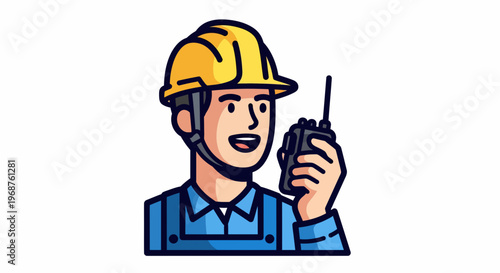 A worker wearing a yellow hard hat holds a radio on a worker day with labor