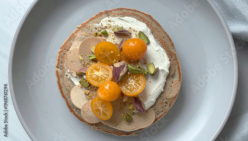 Stack of fluffy pancakes with whipped cream, kumquats, and pistachios in sunlight