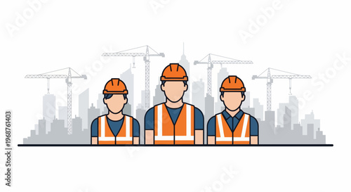 Workers on labor day standing in front of a cityscape with cranes