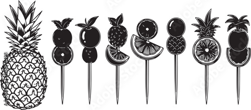 Assorted pineapples and pineapple slices on skewers Vector
