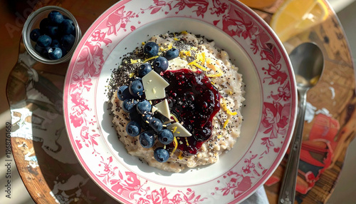 Oatmeal porridge with berry compote, blueberries, white chocolate, and lemon slice on a vintage plate