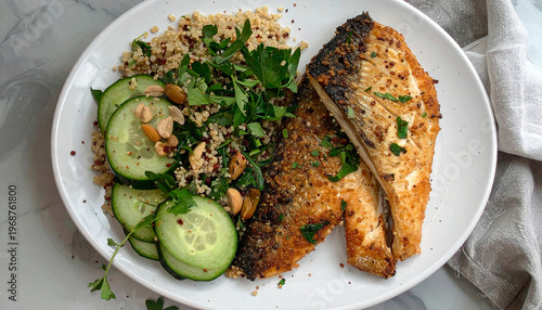 Fried fish fillets served with quinoa salad and cucumber slices on a white dish