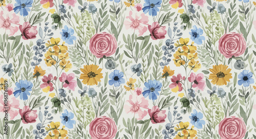 Soft and whimsical flower pattern blending vibrant blossoms with calming green foliage