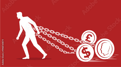 Financial Burden Concept with Person Dragging Chains Attached to Coins Representing Debt Pressure Economic Struggle and Limitation Illustration