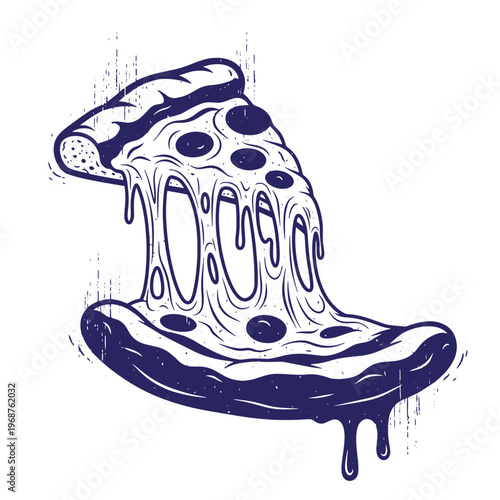 Dark blue ink style of a pepperoni pizza slice with long strands of melting mozzarella cheese dripping down against a white background