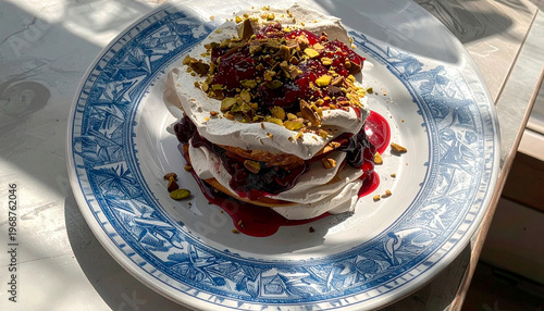 Stack of pancakes with whipped cream, red berry sauce and crushed pistachios on blue floral plate