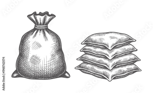 Hand drawn of a tied sack and stacked pillows drawstring