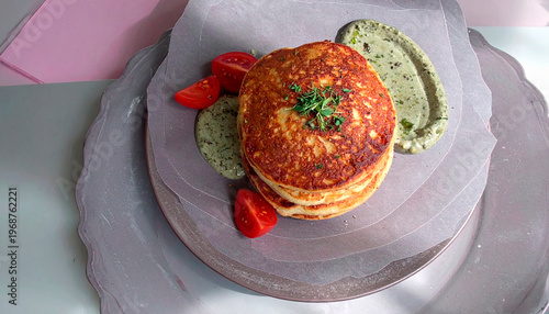 Crispy savory pastry stack with cherry tomatoes and herbs served with green pesto sauce on grey plate