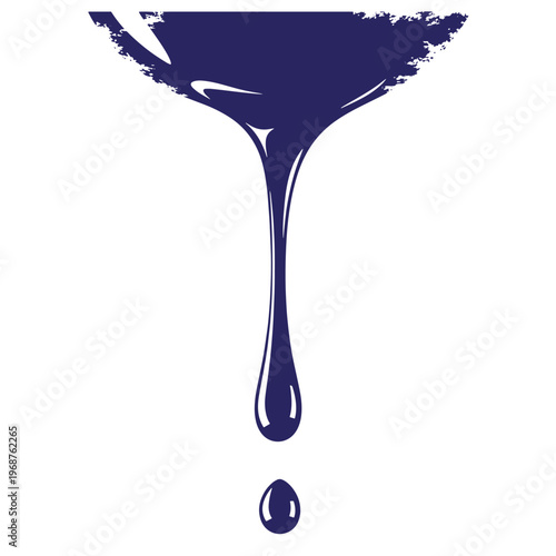 Dark blue liquid dripping from a textured edge with a single detached droplet isolated on a white background in a flat style