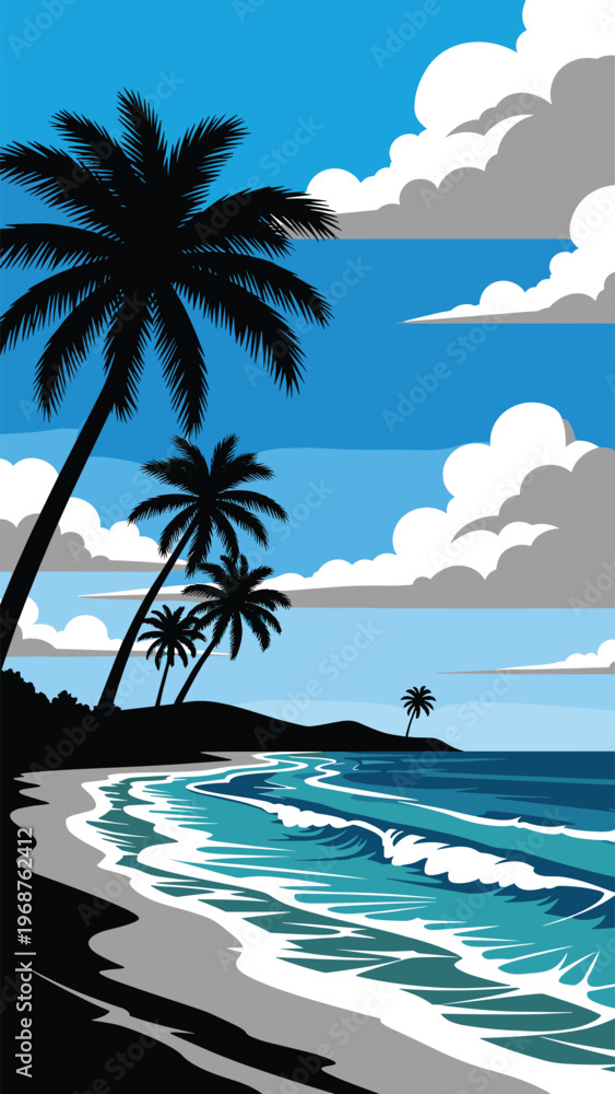 Obraz premium A vibrant tropical beach scene with palm trees waves and a clear blue sky