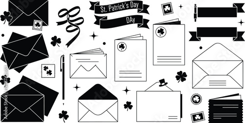 St. Patrick’s Day Letter, Envelope, and Decorative Elements Set with Shamrocks, Ribbons, and Stamps for Festive Invitations and Graphics