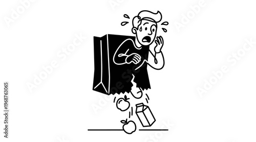 Minimalist Grocery Bag with Dropping Items Cartoon Line Art, Monochrome Vector Illustration of Shopping Fail Humor