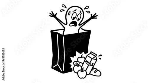 Minimalist Grocery Bag with Dropping Items Cartoon Line Art, Monochrome Vector Illustration of Shopping Fail Humor