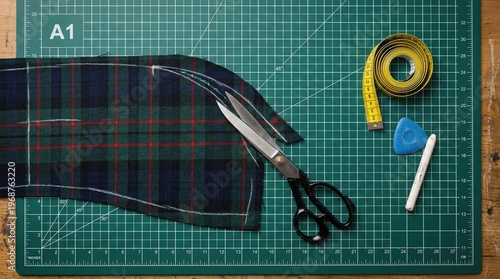 Fabric pieces cut with scissors on green cutting mat workspace