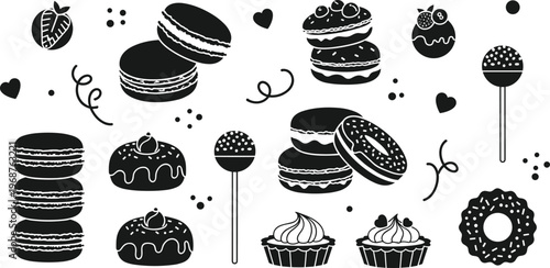 Sweet Treats Dessert Icon Set Featuring Macarons, Donuts, Lollipops, and Cupcakes for Baking and Pastry Designs