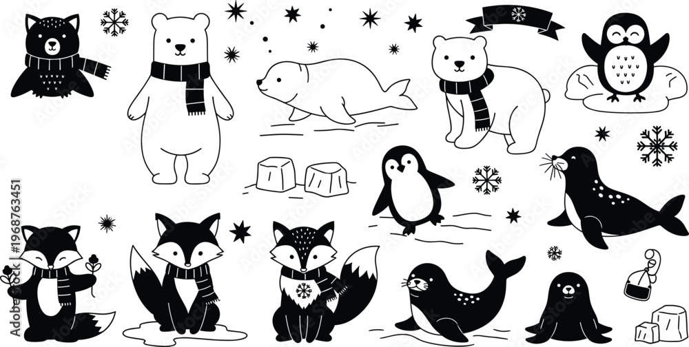 Obraz premium Winter Animals Icon Set Featuring Polar Bears, Foxes, Penguins, Seals, and Owls with Scarves for Holiday and Arctic Designs