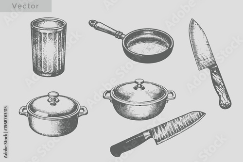 Vintage kitchen utensils set with Frying pan, knife, spoon, cooking pot, glass, salt shaker hand drawn vector illustration