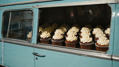 Cupcake truck, frosting piped onto cupcakes, close-up of delicate decor. Ai generated.