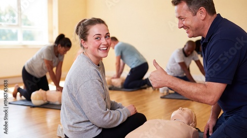 Concentrated group of students during an EMERGENCY FIRST AID CLASS with focused mood practicing CPR on a mannequin against a classroom background