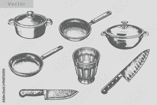 Frying pan, knife, spoon, cooking pot, glass, salt shaker in vintage sketch engraving style vector illustration. Realistic hand drawn kitchen element set
