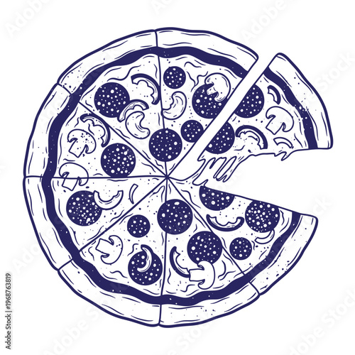 Hand drawn ink of a round pizza cut into slices with pepperoni and mushroom toppings and a single slice pulled away with melted cheese strings on a plain white background