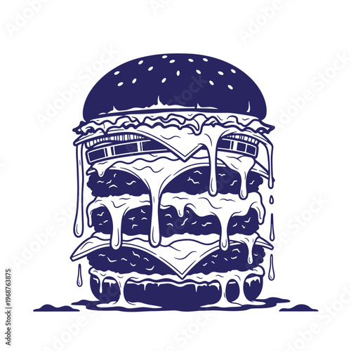 Monochrome of a triple decker cheeseburger with melting cheese dripping down the sides of the beef patties and lettuce on a white background