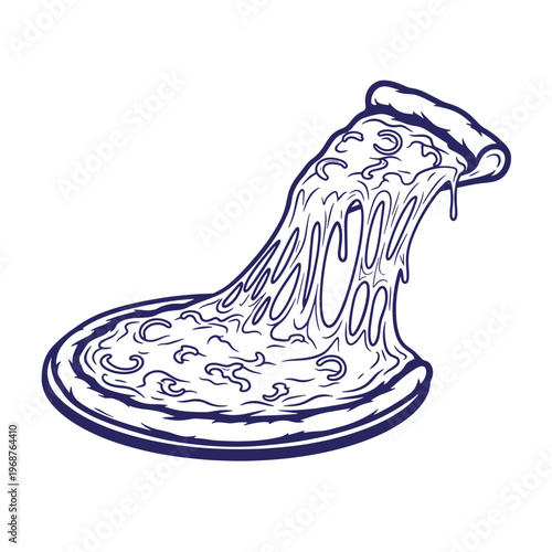 Single slice of pizza being lifted with long strings of melted mozzarella cheese dripping down in a dark blue ink line style on a white background