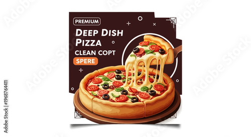A deep dish pizza promo business vector for social media features a cheesy pizza with melted cheese being lifted by a spatula against a dark background, presented with a modern, appealing