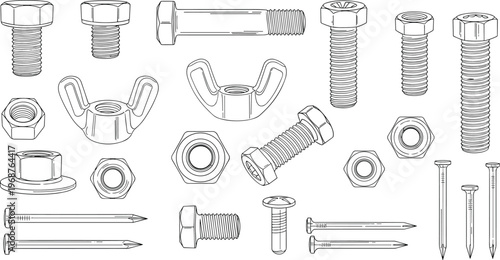 Bolts nuts screws and nails set, hardware fasteners collection, detailed line drawing, construction equipment illustration, mechanical engineering elements isolated