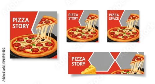 A set of deep dish pizza social media templates, featuring cheesy pizza slices and graphic layouts with red and gray accents, presented as a food sale template vector for Instagram