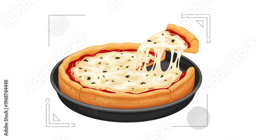 A deep-dish pizza illustration with melted cheese and a slice being lifted, presented as a food sale template vector for social media, set against a clean white background, creating a promo