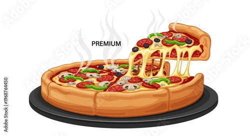 A vibrant vector illustration showcases a deep-dish pizza with melted cheese oozing from a slice being lifted, set against a clean white background, perfect for a food sale template