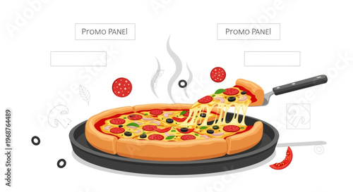 Vector illustration promoting Deep Dish Pizza Day using a social media template featuring a cheesy pizza slice being lifted, set against a clean white background with placeholders for text