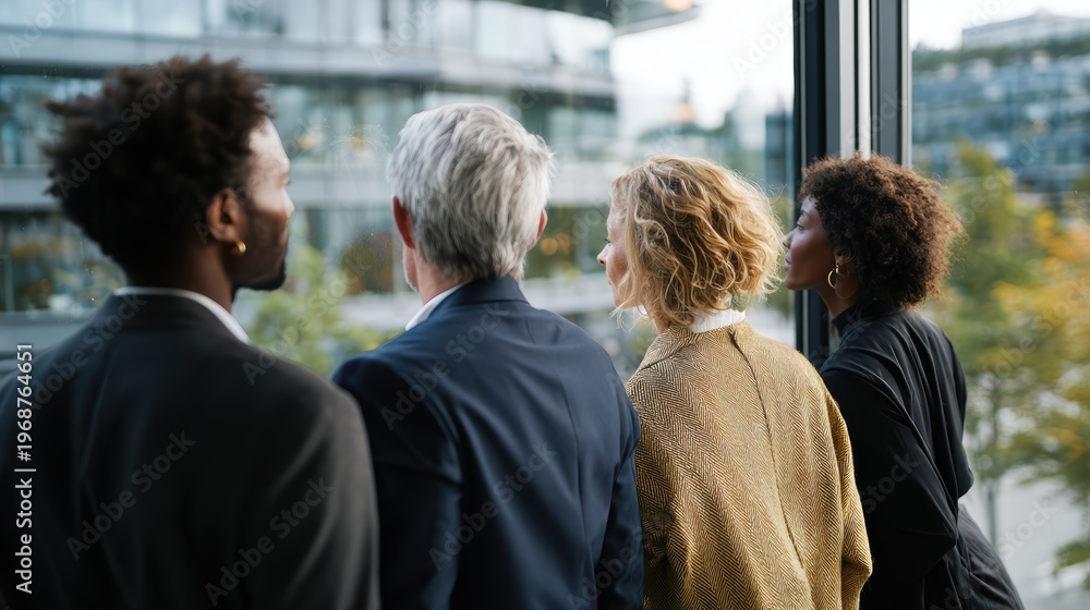 Obraz premium Business Group Contemplating City View: A collaborative business group, with diverse backgrounds, gazes out of a building's window, contemplating the dynamic city skyline.