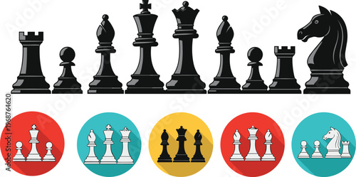 Chess pieces silhouettes and icons set, king queen rook bishop knight pawn, strategy board game elements, modern flat illustration collection