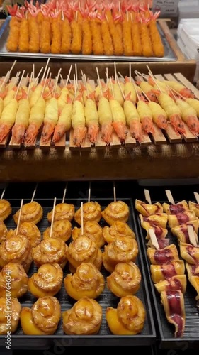 Pastries Displayed at Market Stall Fresh Bakery Goods Street Food Dessert Showcase Artisan Baked Sweets Croissants Bread Local Market Food Display Gourmet Treats 4K Video