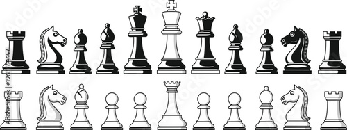 Chess pieces vector set with black and white figures, king, queen, rook, bishop, knight, pawn, classic board game illustration