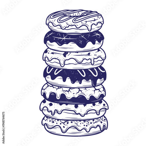 Stack of seven glazed donuts with various toppings and drippings in a blue and white line style doughnut