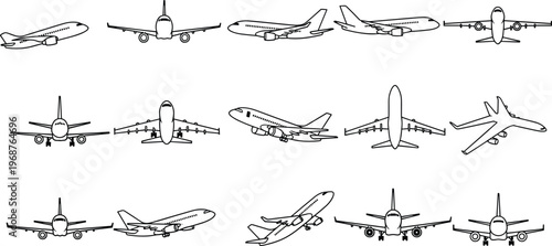 Airplane line icons set, commercial aircraft silhouettes from different angles, aviation transport illustration, flight travel concept, isolated design collection