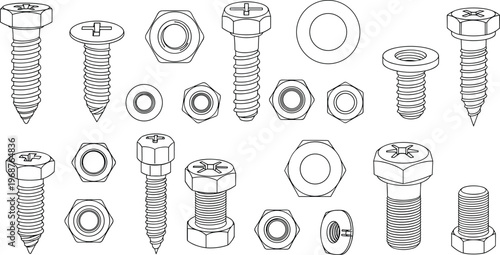 collection of metal screws bolts nuts washers vector illustration hardware fasteners set industrial construction engineering equipment isolated on white background