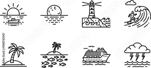 Various illustrations of machines, buildings, animals, and objects in black and white line art Vector