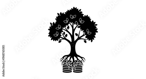 Black silhouette tree with heart shaped leaves on coins.