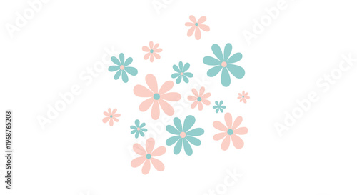 Small cluster of stylized flowers in soft pink and light blue hues floating in the center of a clean white background for a minimalist design.