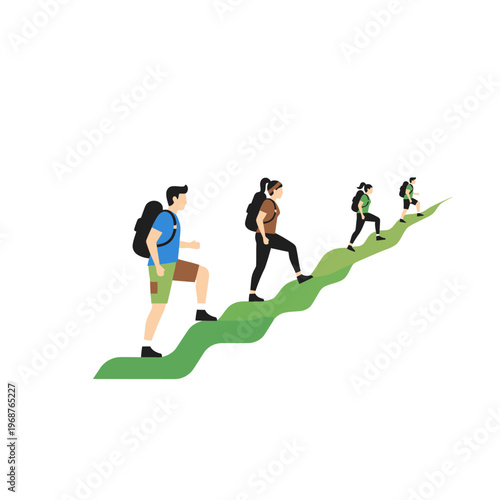 Group of hikers with backpacks climbing a green wavy path on white background