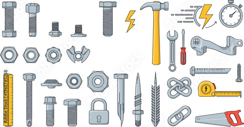 hand tools and hardware set including hammer wrench screwdriver bolts nuts ruler saw vector illustration construction equipment isolated background