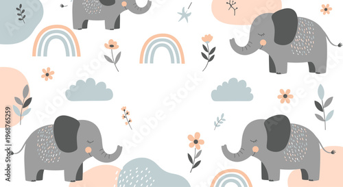 Cute elephant pattern for children with grey animals, pastel rainbows, clouds, and blooming flowers on a white background.