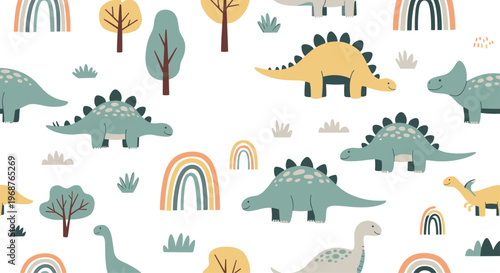Playful dinosaur pattern featuring triceratops, stegosaurus, and rainbows with stylized trees and grass on a clean white background.