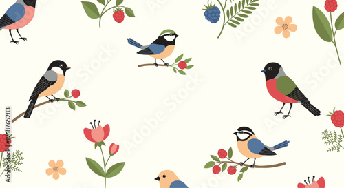 Charming bird and berry pattern featuring various small birds perched on branches with red and blue berries on a cream background.